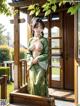 A woman in a green kimono standing in front of a door.